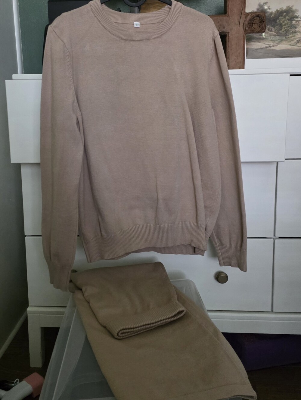 Women's Crewneck Sweater and Midi Skirt in Light Taupe Set - Picture 2 of 3